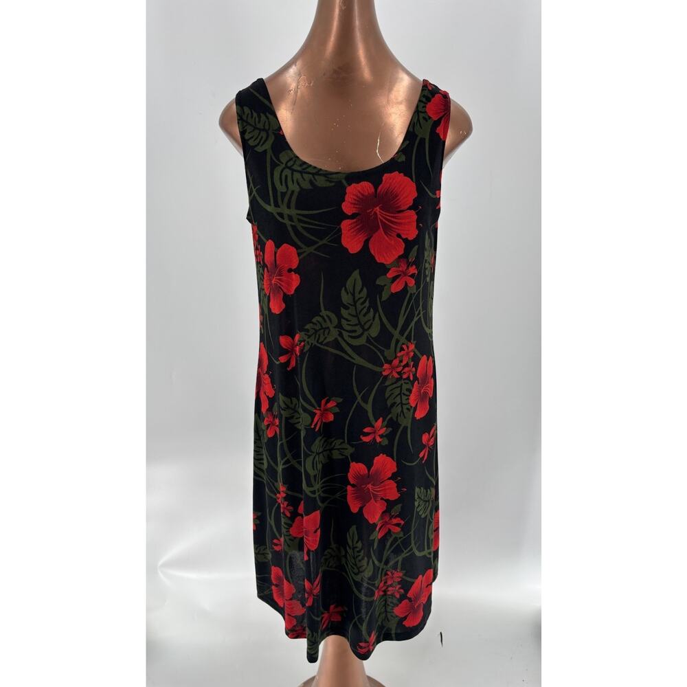 Kisses & Hugs Vintage Dress Womens Large Black Red Tropic Sleeveless Stretch 90s